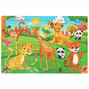 A 30-piece wooden jigsaw puzzle featuring various colorful jungle animals like a lion, giraffe, and monkey.