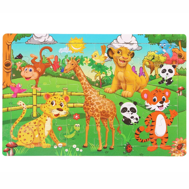 A 30-piece wooden jigsaw puzzle featuring various colorful jungle animals like a lion, giraffe, and monkey.