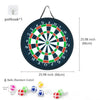 A circular dartboard with concentric rings and a target, along with several colored balls.