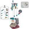 A pink and white kids pretend play cleaning set with a storage rack and various cleaning tools.