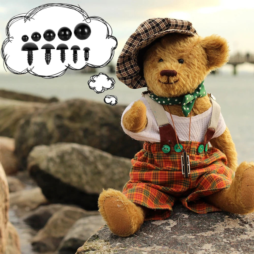 A fluffy brown teddy bear wearing an plaid hat and green scarf sits on rocks, with a thought bubble showing plastic safety ey