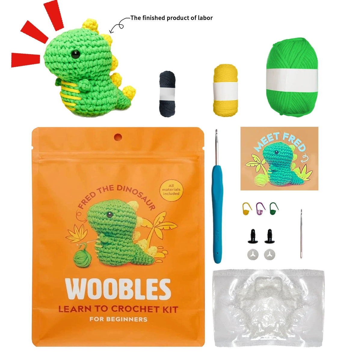 An orange bag containing a crochet kit for beginners, showing a finished green dinosaur toy and yarn.