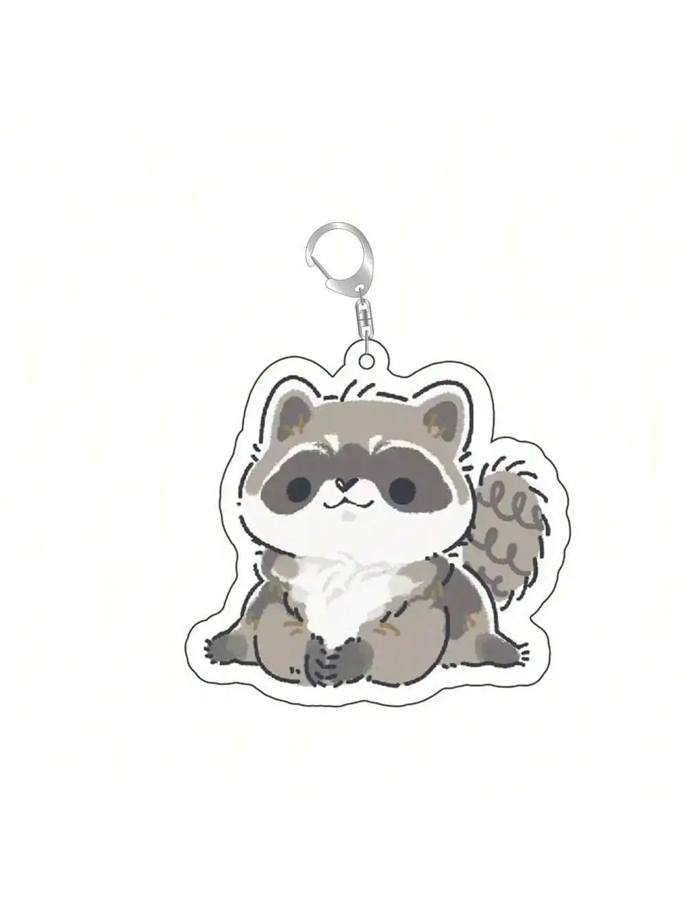 A cute raccoon charm with gray and white fur attached to a silver keyring.