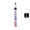 A single bottle of permanent paint markers with a white and blue striped barrel and black cap.