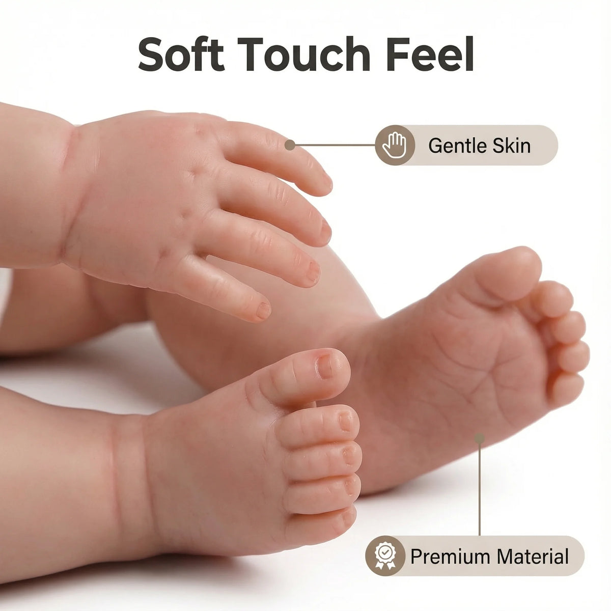 Close-up of a baby's foot and hand showing soft skin texture and painted details on a realistic reborn doll.