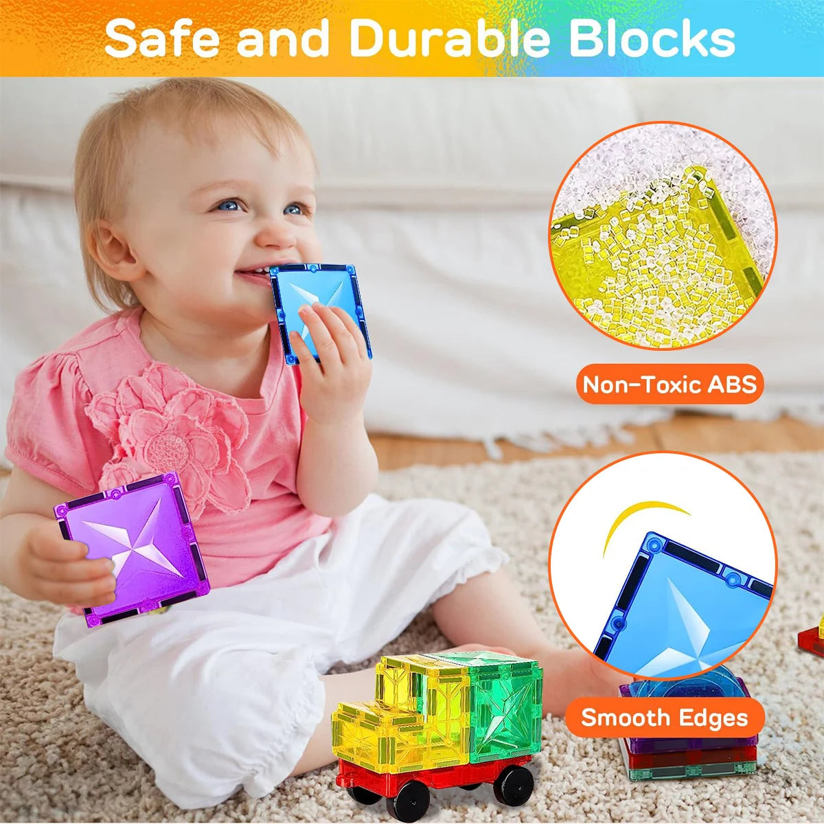 A baby is playing with colorful, durable magnetic building blocks made of non-toxic ABS plastic.