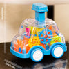 A transparent blue and yellow inertia gear car with a press-and-go action mechanism.
