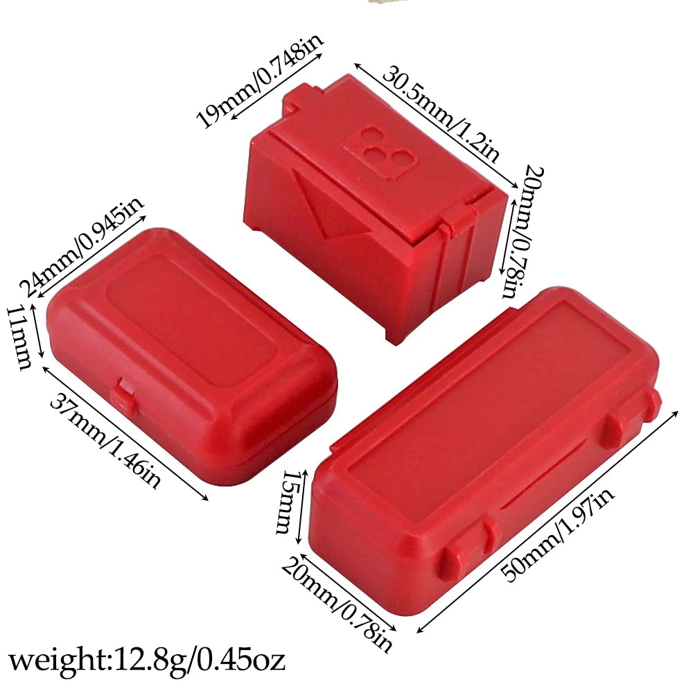 Set of three red plastic mini storage boxes for RC crawlers with various dimensions.