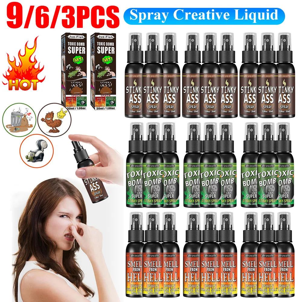 A collection of nine spray bottles of creative liquid for pranks and gag purposes