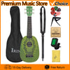 A green ukulele with a kiwi fruit design is shown alongside its parts and accessories.