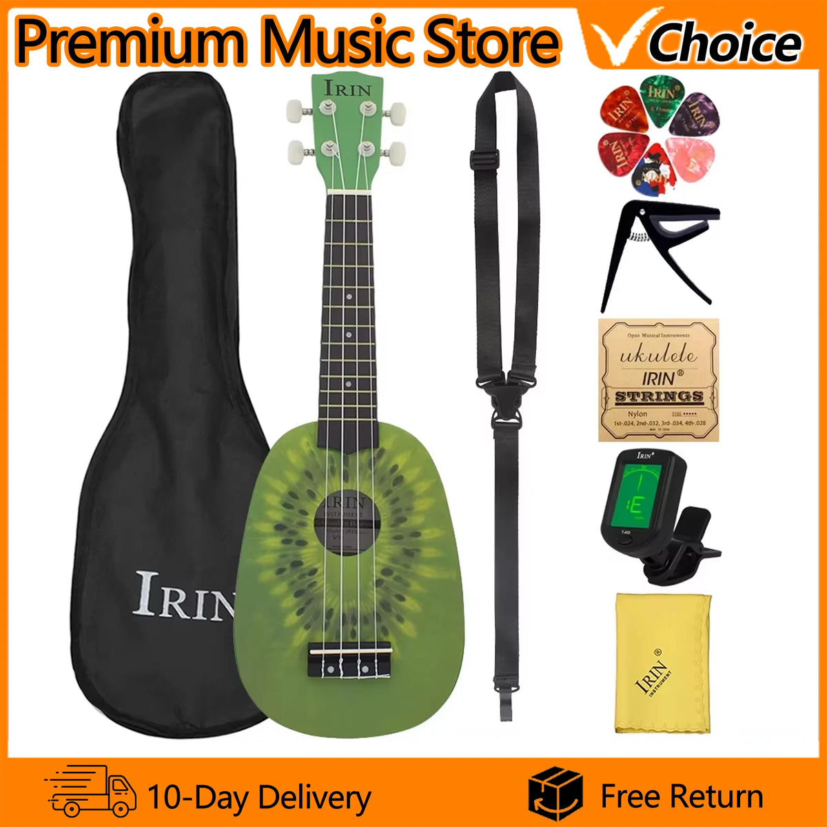 A green ukulele with a kiwi fruit design is shown alongside its parts and accessories.