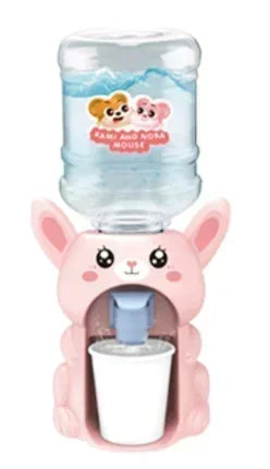 Pink animal-shaped water dispenser toy with a clear bottle and a small coffee maker accessory.