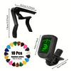 A black guitar accessory kit featuring a capo, tuner, and picks, with 10 random colored picks included.