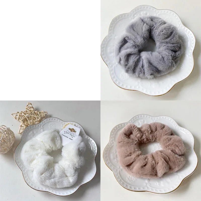 Plush Knit Scrunchie Hair Ties with Leather Accent