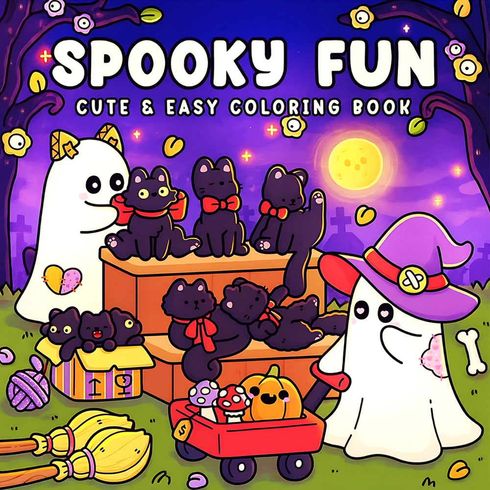 A colorful illustration of a spooky fun coloring book featuring cute black cats and a white ghost.