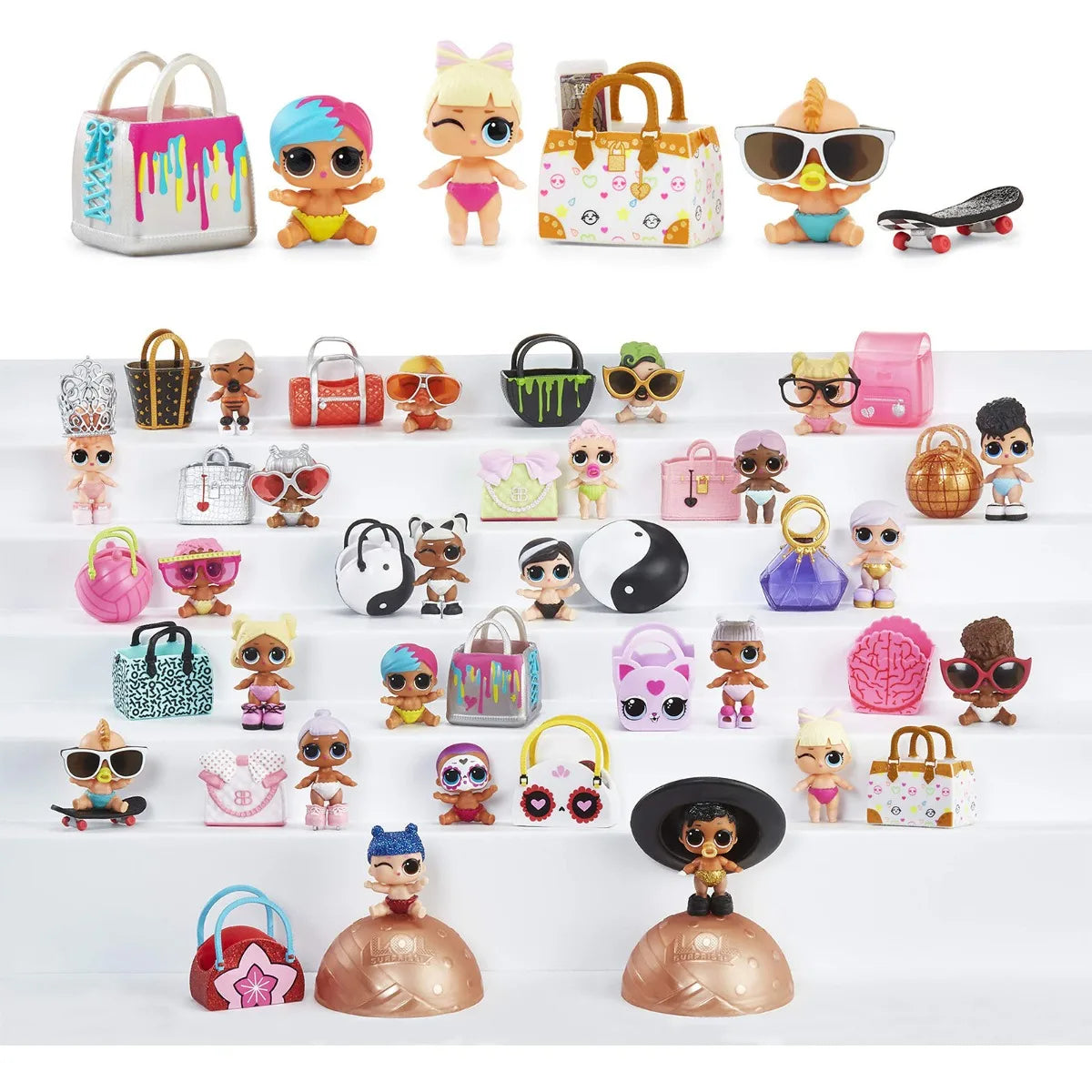 A collection of LOL Surprise! Lil Sisters blind balls and accessories featuring various dolls, bags, and toys.