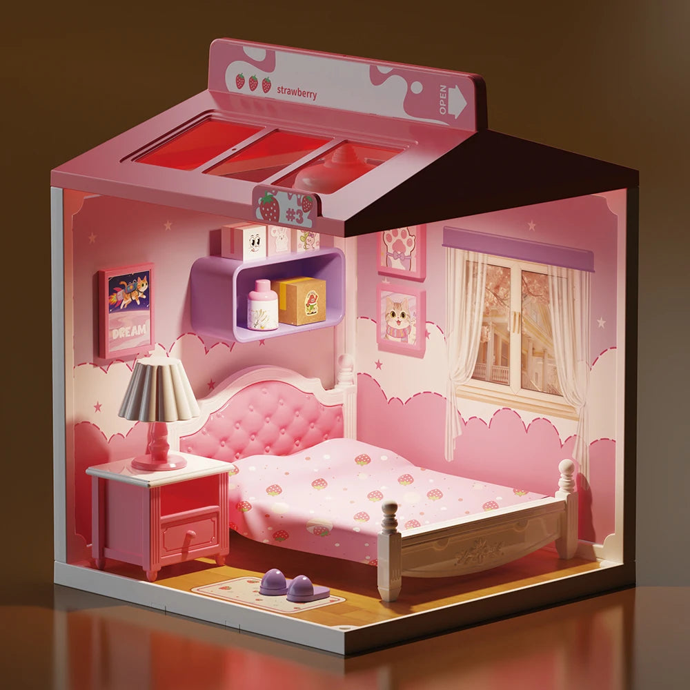 A miniature DIY dollhouse kit featuring pink furniture and room themes, including a bed and storage shelves.