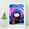 A framed painting featuring a purple and blue swirl design with a character figure.