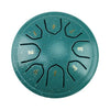 A teal steel tongue drum with five numbered holes and mallets.