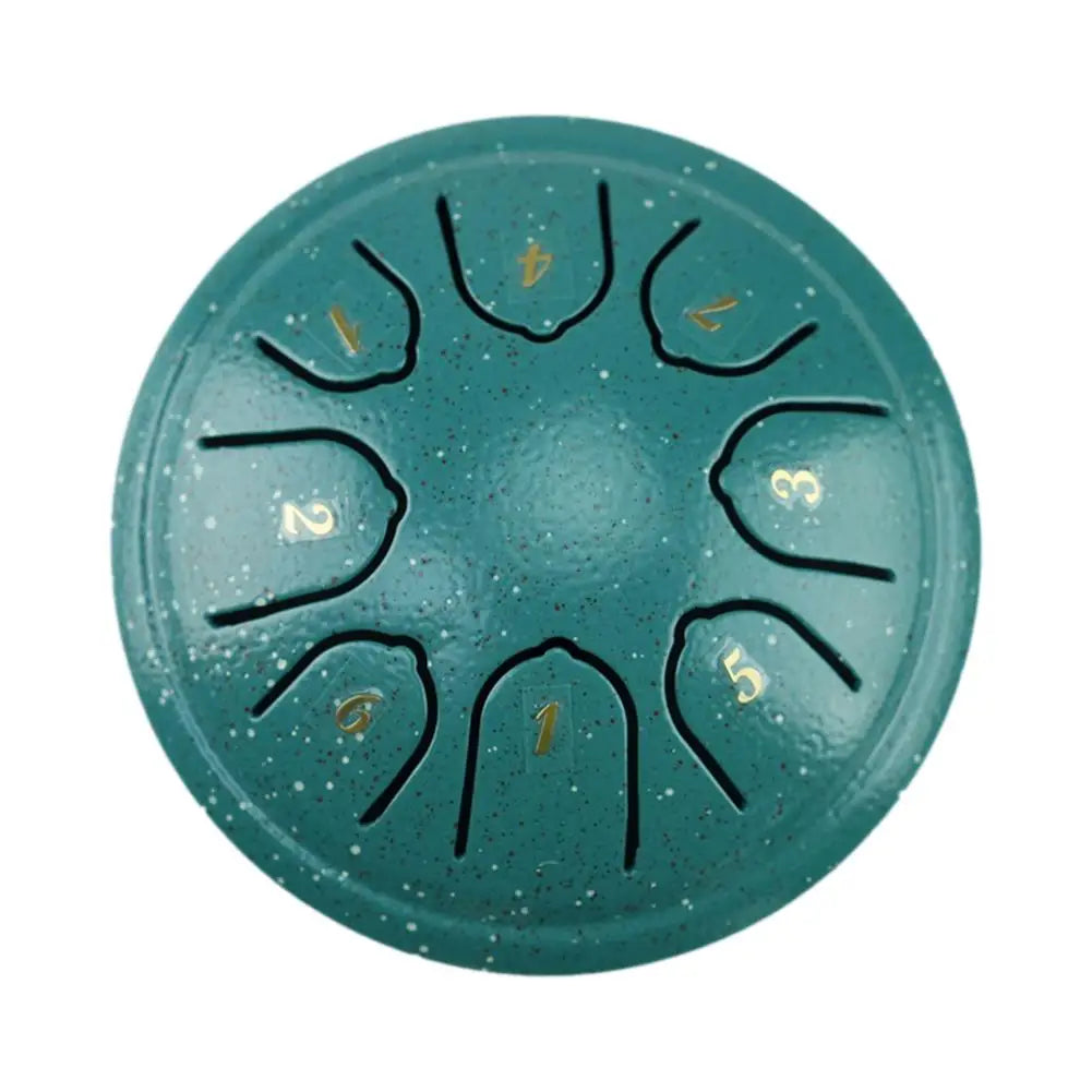 A teal steel tongue drum with five numbered holes and mallets.