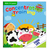 A children's sticker book titled Concentration Training featuring farm animals like a cow and a yellow bird.