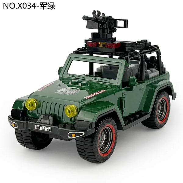 Grüner Rubicon Militär-Geländewagen Jeep Bauklotzmodell mit Maschinengewehr.