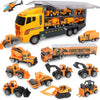 A diecast construction vehicle playset featuring various yellow and orange dump trucks, loaders, and excavators.