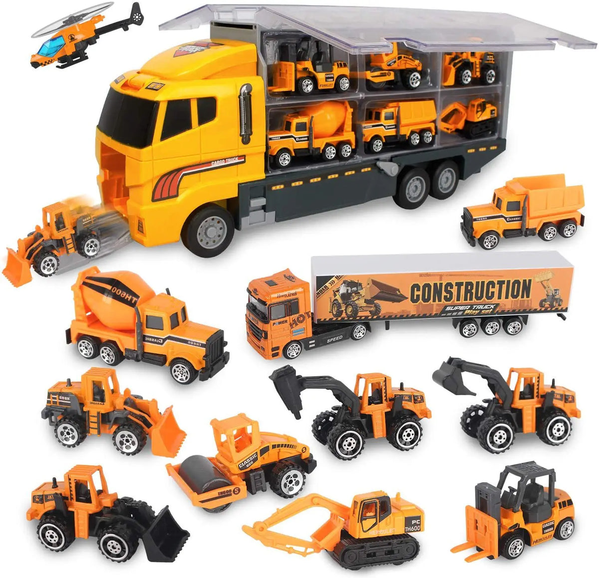 A diecast construction vehicle playset featuring various yellow and orange dump trucks, loaders, and excavators.