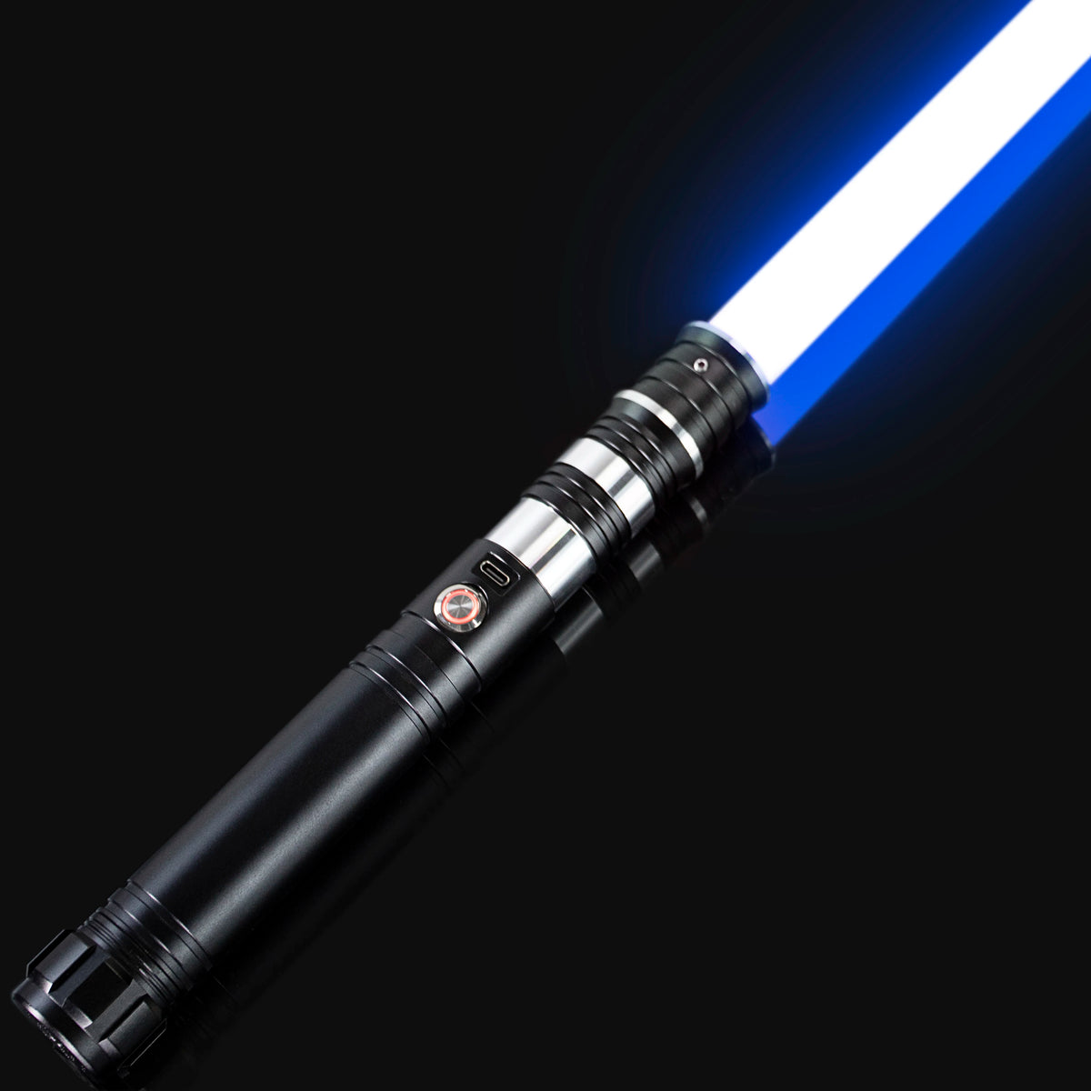A black lightsaber with a bright blue blade is shown diagonally against a dark background.