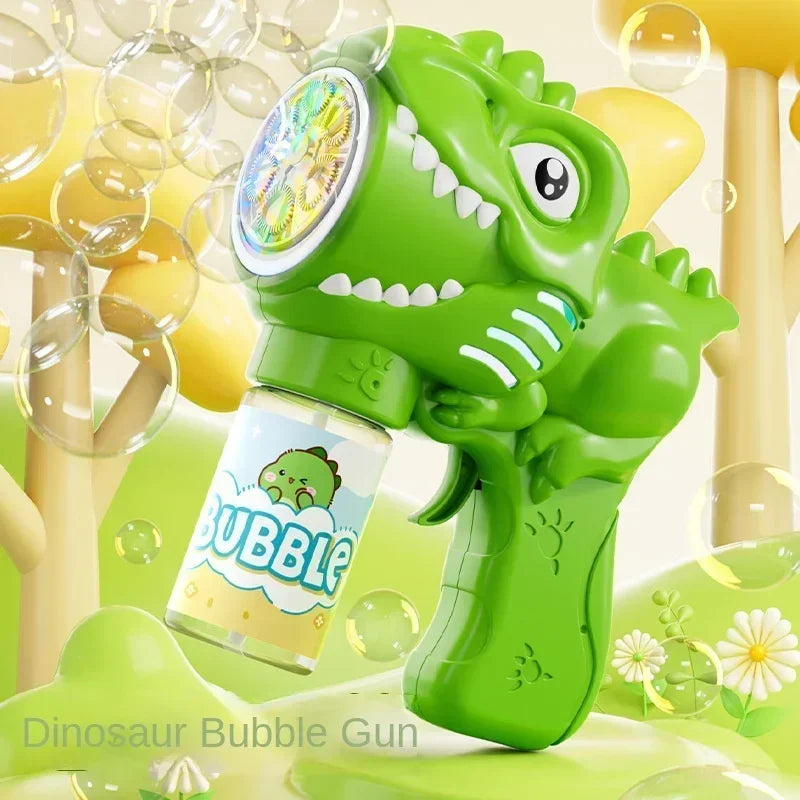 A bright green dinosaur bubble gun is shown, ready to blow bubbles, with yellow and clear bubbles in the background.