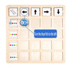 A wooden Montessori direction game showing a blue fish that needs to be turned to the left.