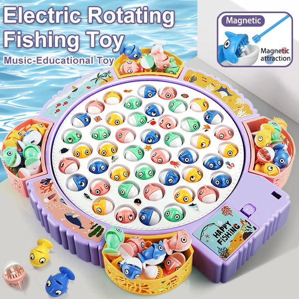 A colorful magnetic rotating fishing toy with various fish and sea creatures on a plate.