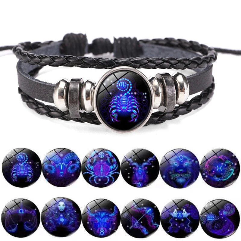 Zodiac Sign Luminous Leather Wrap Bracelet