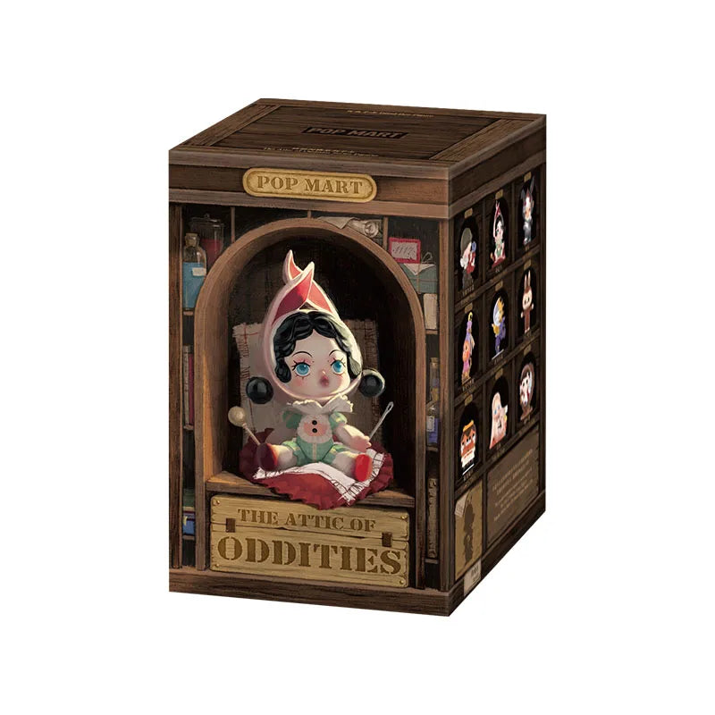 A brown cardboard box for a POP MART collectible figure blind box featuring an arched display and the title The Attic of Oddi