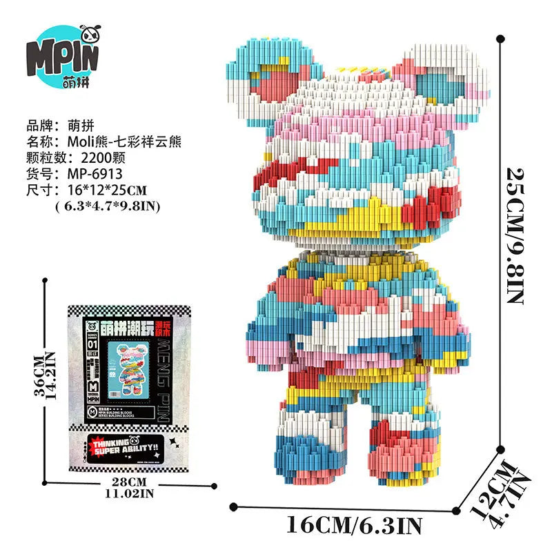 A colorful brick art bear figure made of building blocks with a packaging box visible.