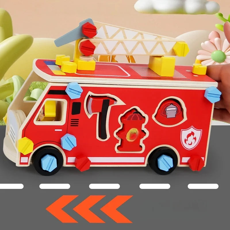 A red wooden pretend play tool set with a wrench and screwdriver is shown on a surface.