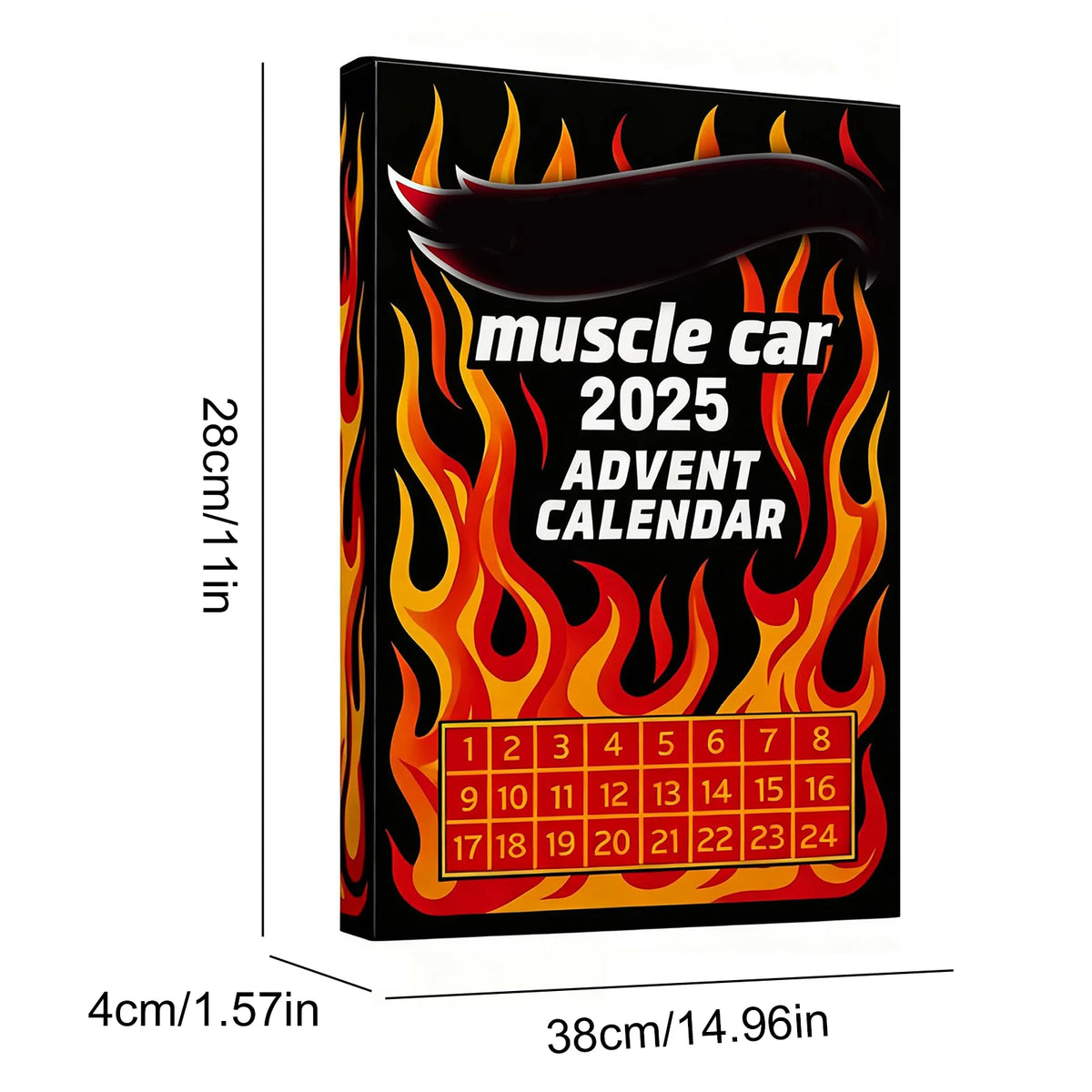A black box for the Muscle Car 2025 Advent Calendar featuring a numbered grid for daily toys.