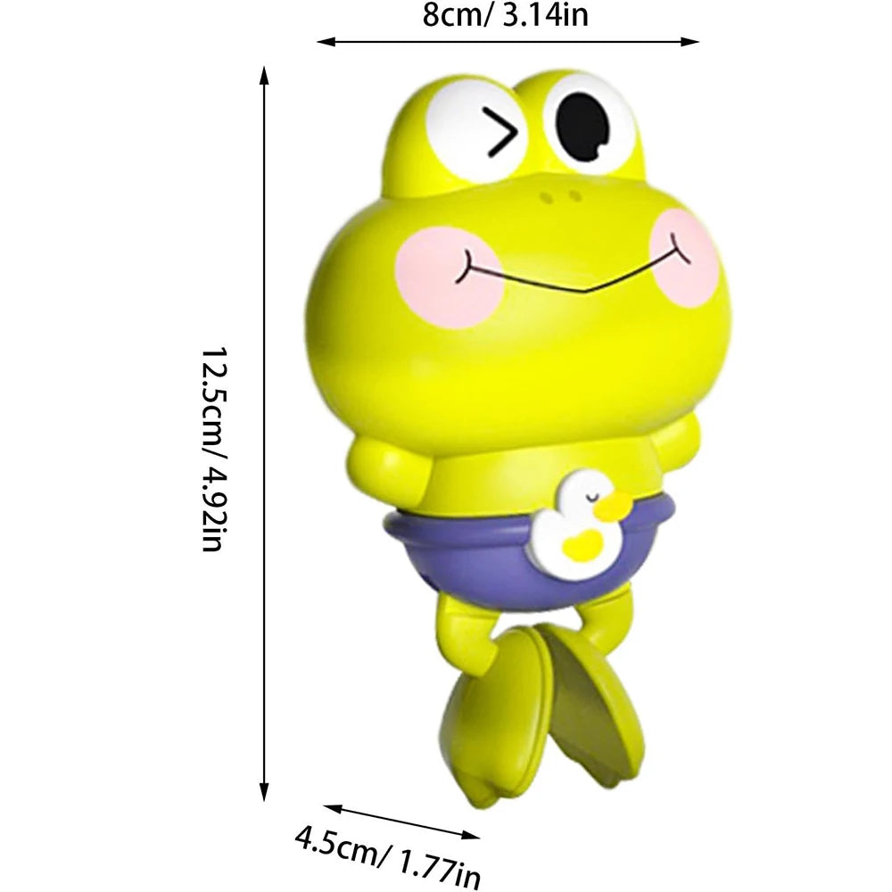 A yellow wind-up swimming frog bath toy with large eyes and purple feet.