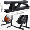 Black universal folding A-frame guitar stand with adjustable height and width.