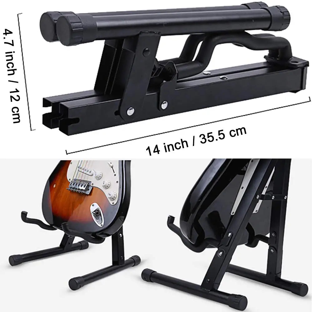 Black universal folding A-frame guitar stand with adjustable height and width.