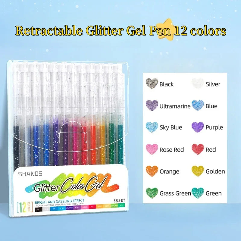 A set of 12 retractable glitter gel pens in various colors including black, silver, blue, purple, red, orange, and green.