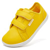 A bright yellow pair of kids barefoot sneakers with double hook-and-loop straps shown from the side.