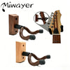 A walnut wood guitar wall mount featuring a rotating U-shaped hanger for displaying an electric guitar.