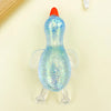 A bright blue, glittery duck squeeze toy with an orange beak is shown against a light background.