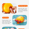 A yellow duck bath toy is shown with a winding spring mechanism and used for swimming and fun play.