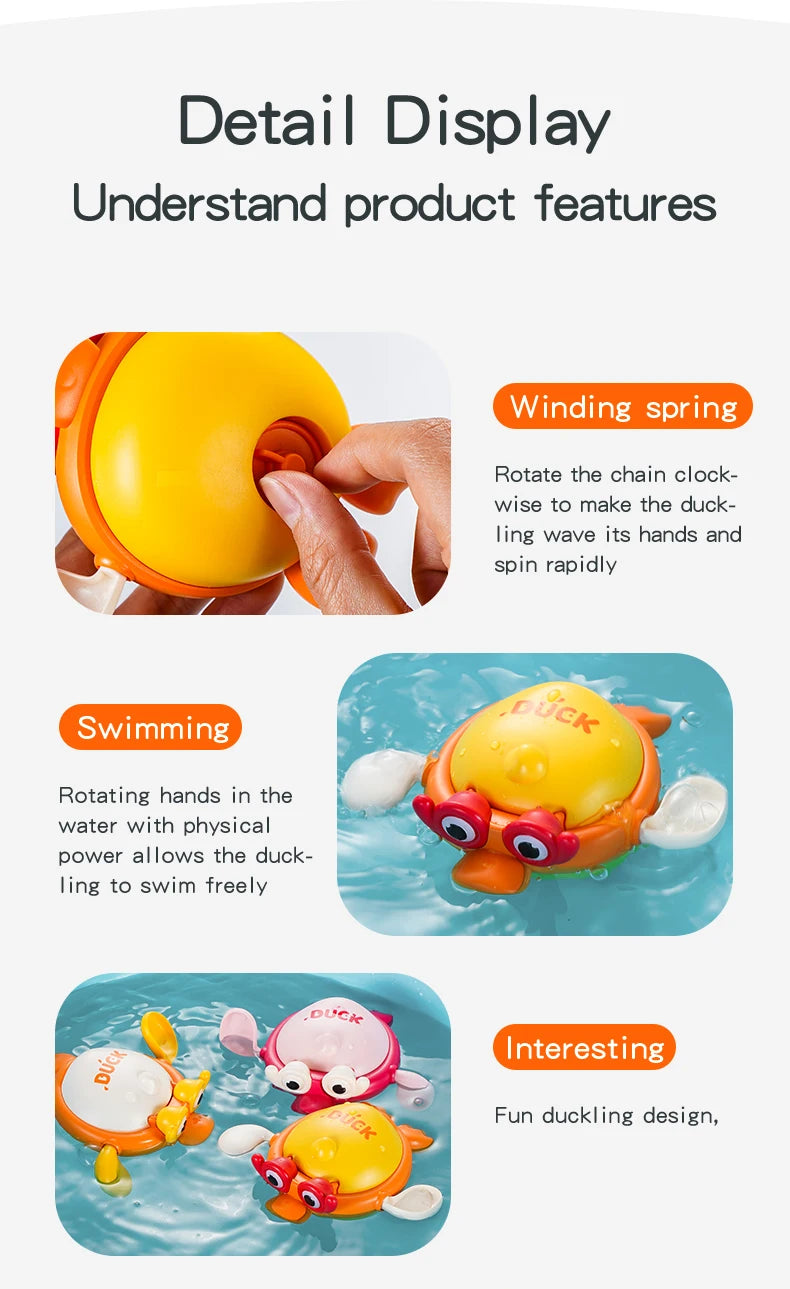 A yellow duck bath toy is shown with a winding spring mechanism and used for swimming and fun play.