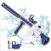 A white and blue water blaster toy gun is shown with accessories and splashing water in the background.