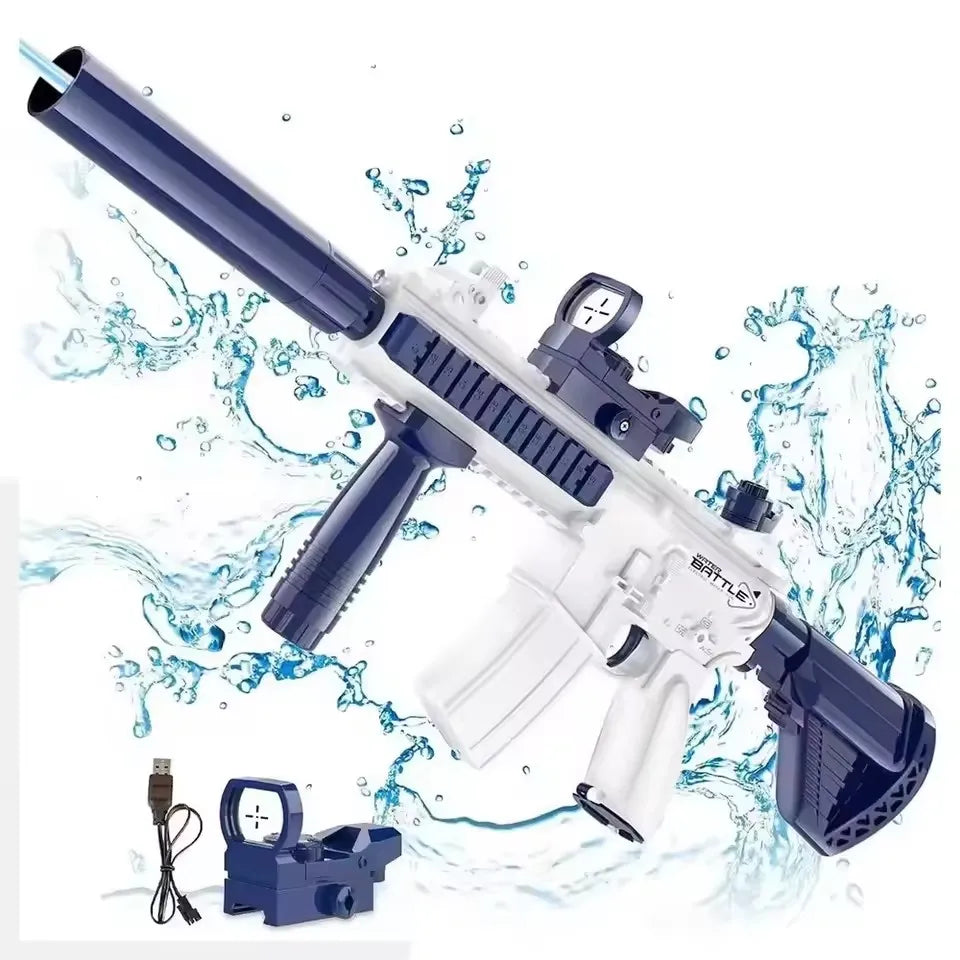 A white and blue water blaster toy gun is shown with accessories and splashing water in the background.