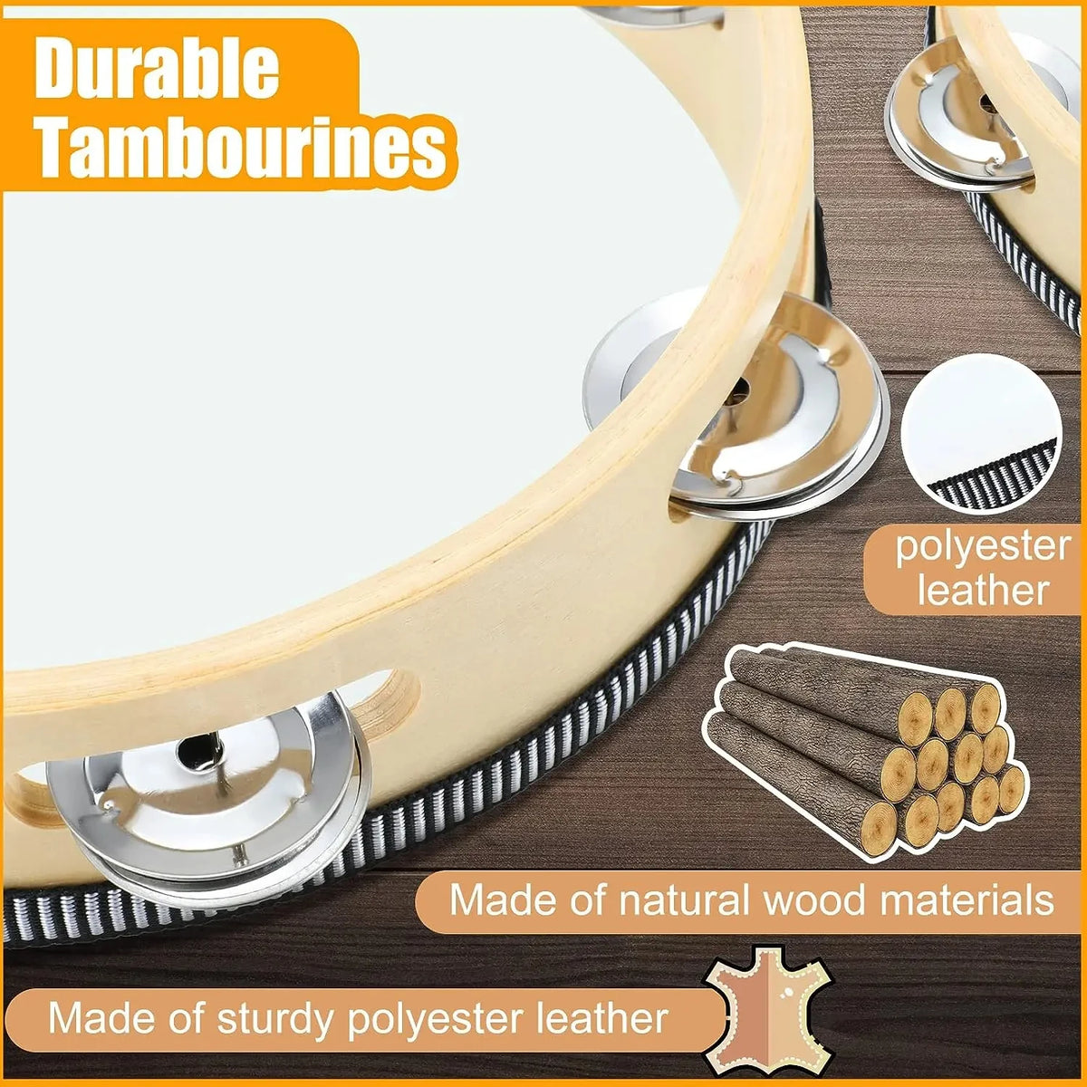 A close-up view of a wooden tambourine with metal jingles, showing its construction and durability.