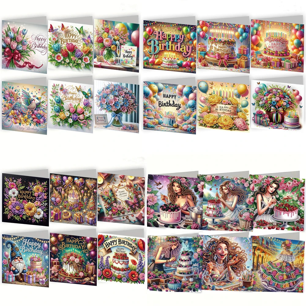 A collection of DIY diamond painting birthday cards featuring various flower and bird designs.